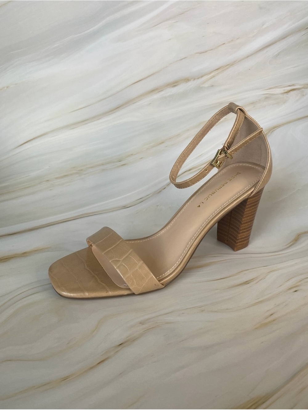 Shoe Republic LA Nude Croc-Texture Ankle-Strap Block Heel Sandals
